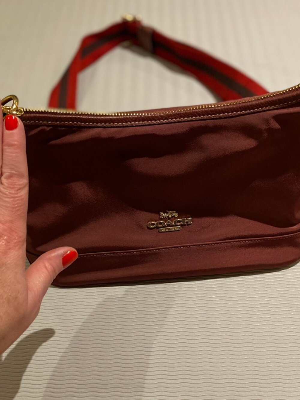 Coach Ellis Nylon Crossbody Wine with Red Striped Strap - Picture 4 of 6